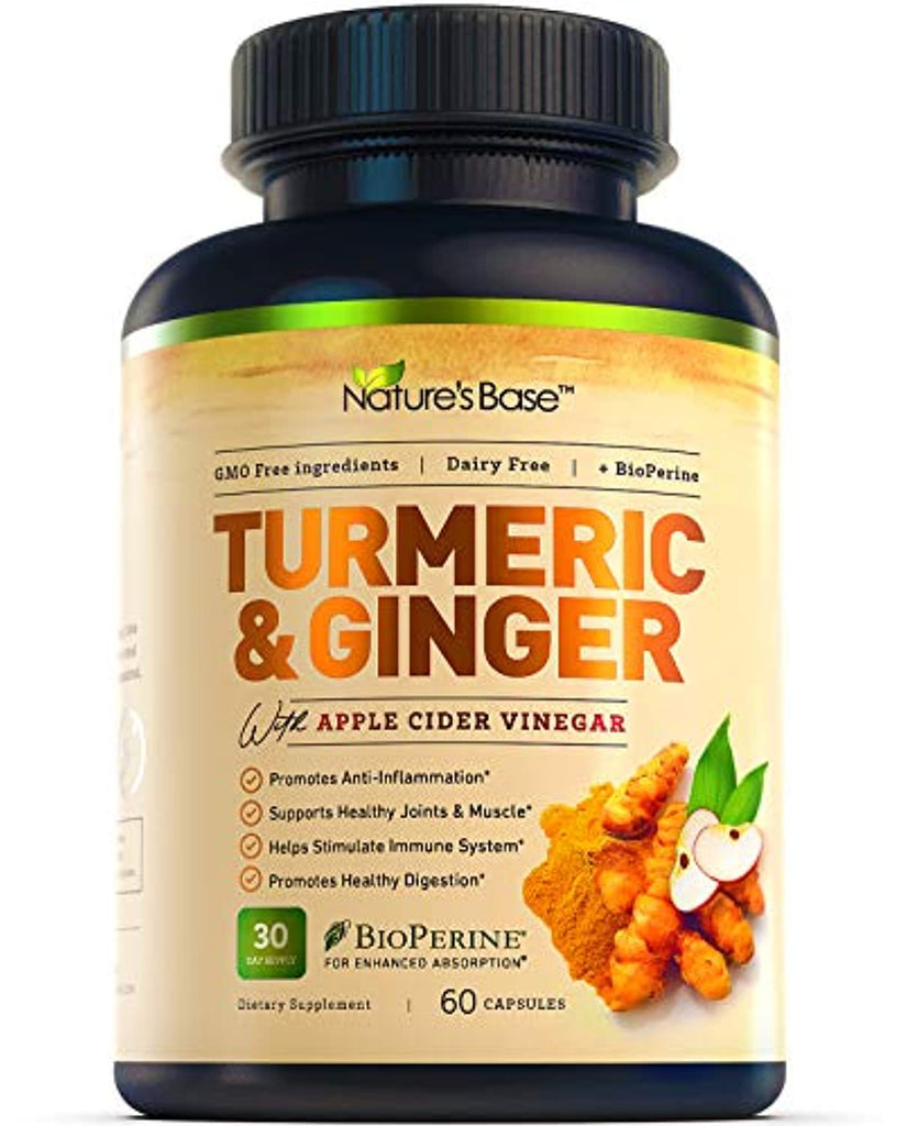 Nature's Base Turmeric Curcumin with Ginger and Apple Cider Vinegar, 95% Curcuminoids, Tumeric Supplements, Occasional Joint Relief, Inflammatory Response, Natural Plant Based Anti-Oxidant Pr