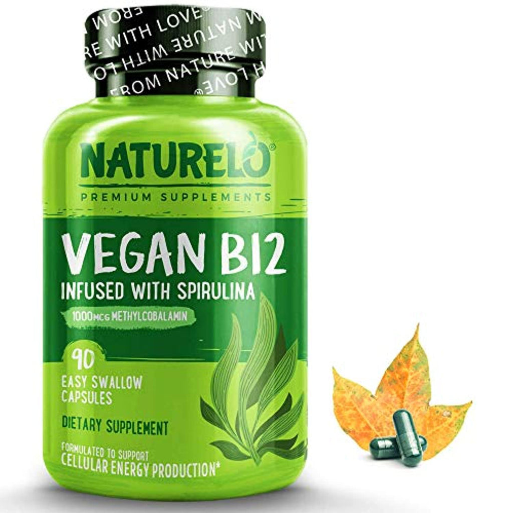 NATURELO Vegan B12 with Organic Spirulina - Vegan Supplement for Energy, Metabolism and Stress - High Potency 1000 mcg B12 (Methylcobalamin) - Non GMO, Gluten Free - 90 Mini Capsules - mehesh