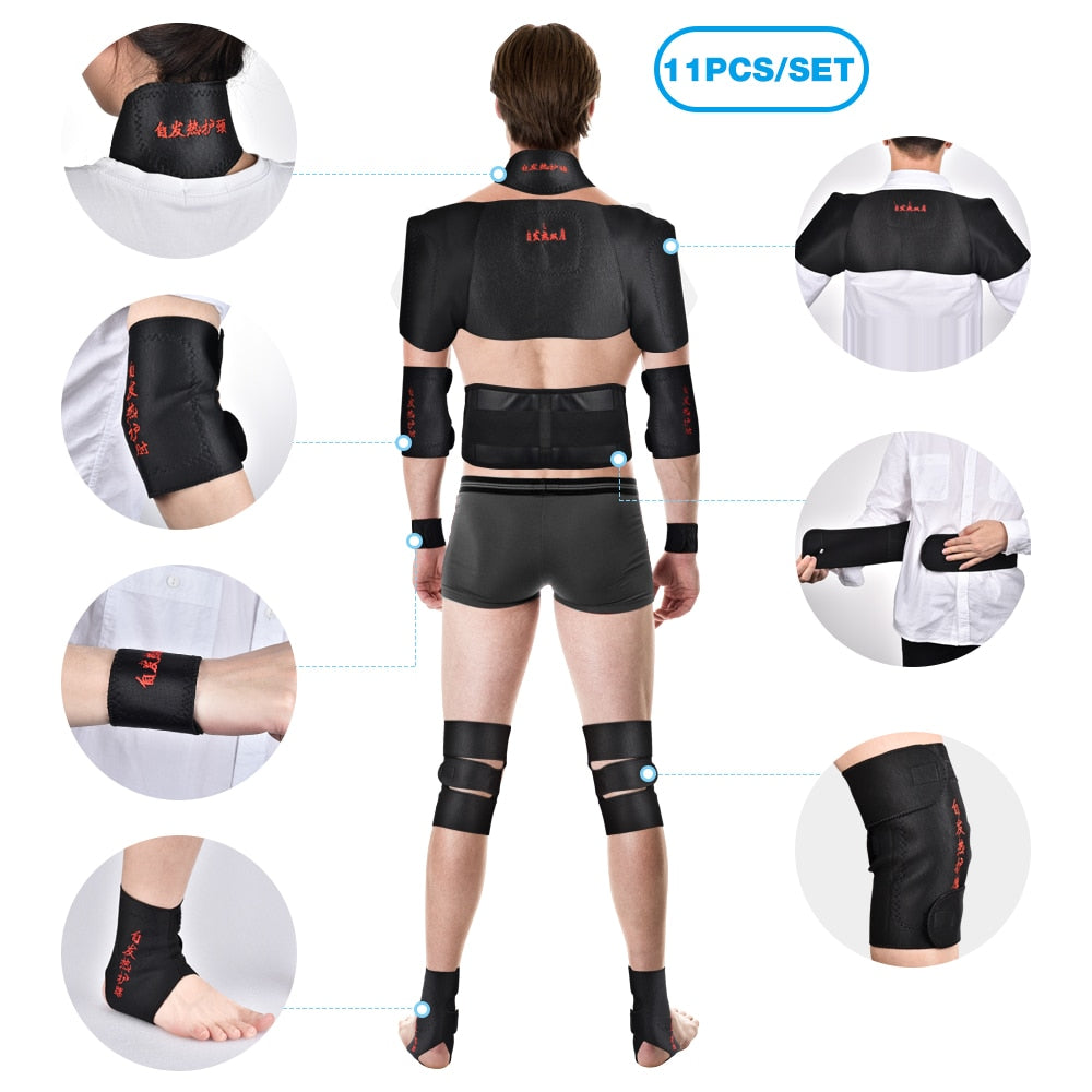 Magnetic Tourmaline Belt Support Brace 11Pcs Set Self-heating Therapy Back Neck Lumbar Shoulder Posture Corrector - meheshin