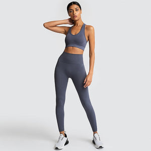Open image in slideshow, Seamless hyperflex workout sport leggings and top set yoga outfits for women sportswear athletic clothes gym 2 pieces - meheshin
