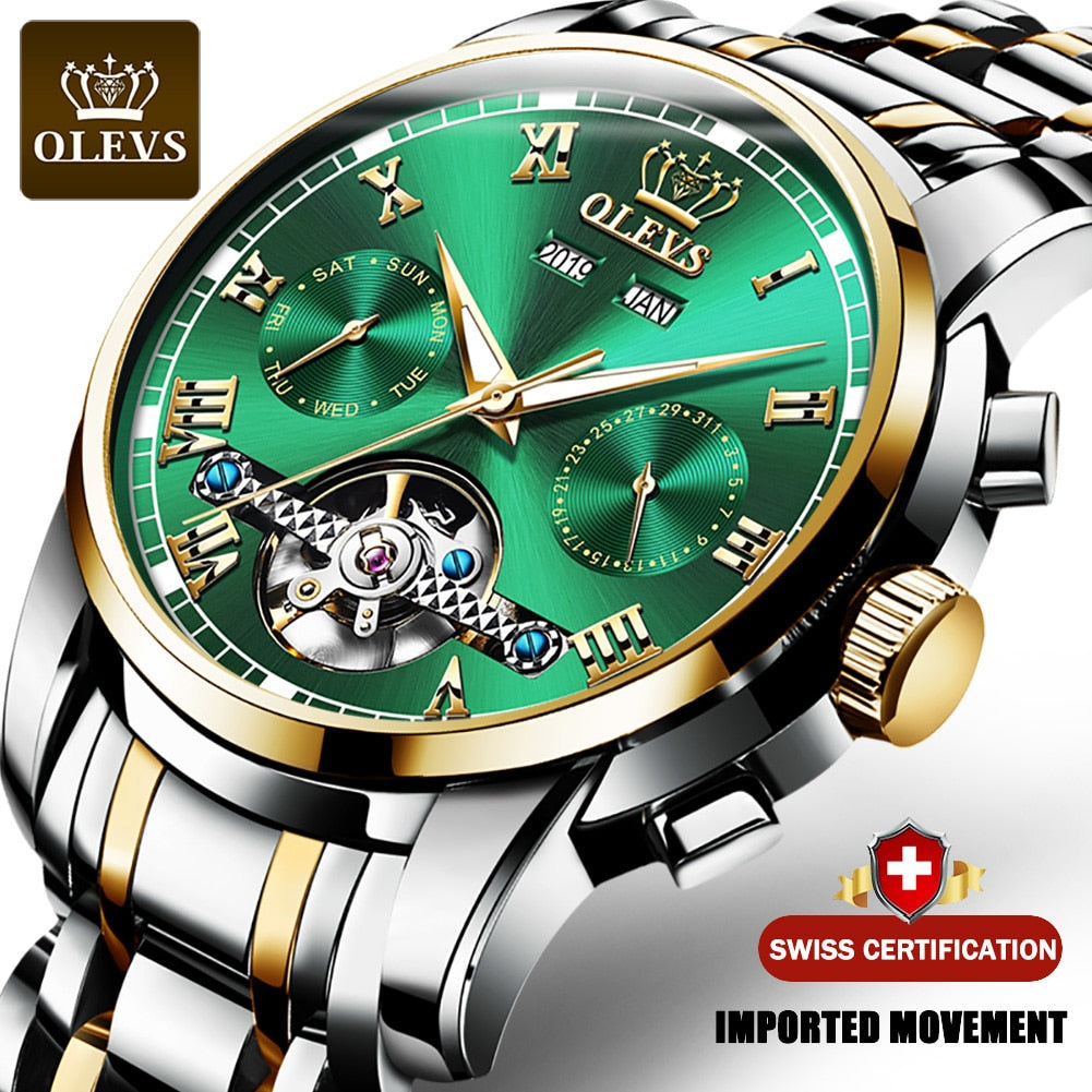OLEVS Automatic Mechanical Men Watches Stainless Steel Waterproof Date Week Green Fashion Classic Wrist Watches - meheshin