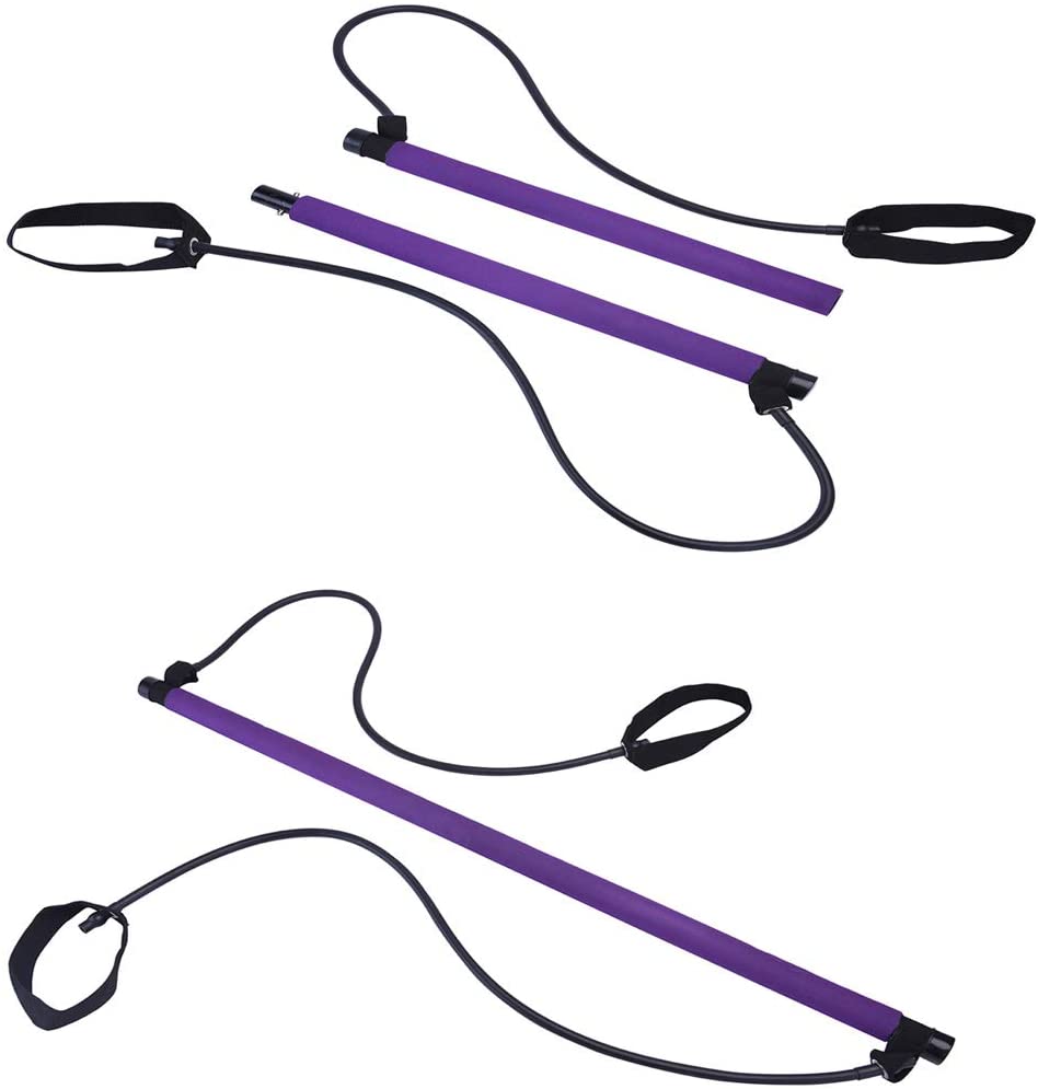 Pilates Bar Kit Resistance Band Yoga Exercise Foot Loop Total Body Workout Toning Stick - meheshin