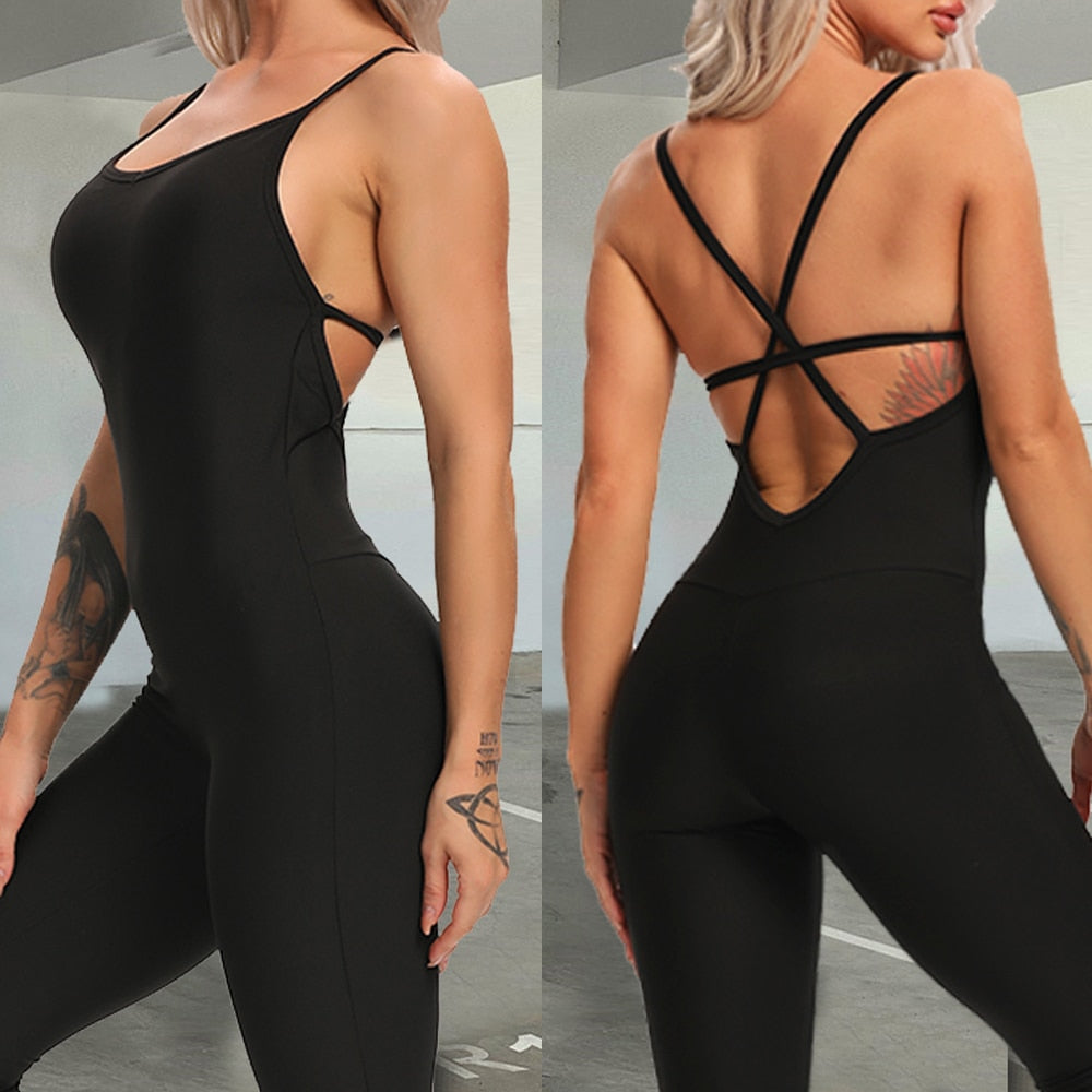 Women’s Halter Long Jumpsuits Skinny Backless Sleeveless Workout Overalls Tracksuit Sportswear Fashion Yoga Suit Gym Sport Set - meheshin