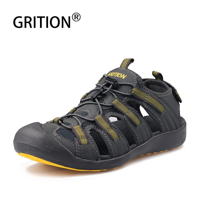GRITION Men Sandals Leather Hiking Outdoor Flat Non Slip Summer Breathable Sport Walking Trekking Comfort Beach Shoes - meheshin