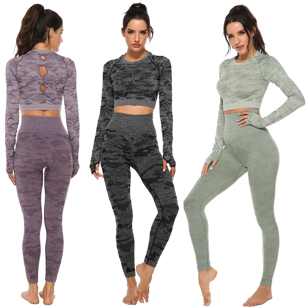 Seamless Yoga Set Women 2pcs Fitness Sports Push Up Leggings Long Sleeve Top High Waist - meheshin