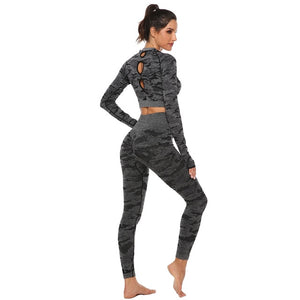 Open image in slideshow, Seamless Yoga Set Women 2pcs Fitness Sports Push Up Leggings Long Sleeve Top High Waist - meheshin
