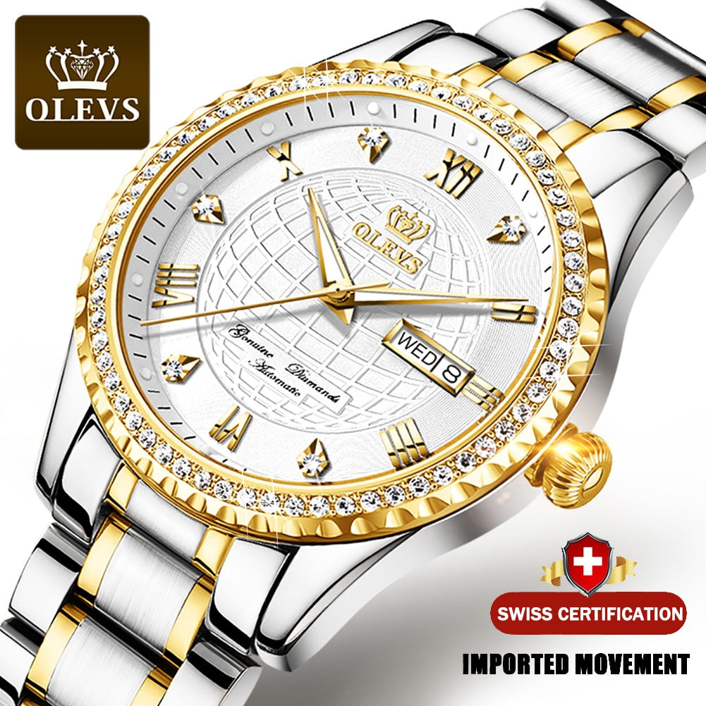 Men Mechanical Watch Gold OLEVS Luxury Automatic Watch diamond Sport Stainless Steel Waterproof - meheshin