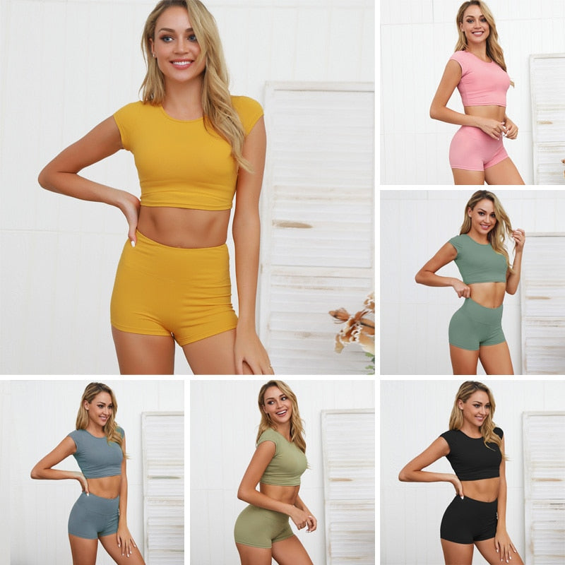 Sport Suit Yoga Set 2pcs Women Gym Workout Clothes Short Sleeve Fitness Crop Top Running Shorts - meheshin