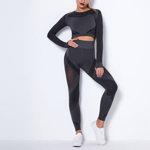 Open image in slideshow, DAIGELO Women&#39;s Sets Seamless Striped Hollow Yoga Clothes Hip Quick-drying Fitness Sports Suit Elastic Solid Colors - meheshin
