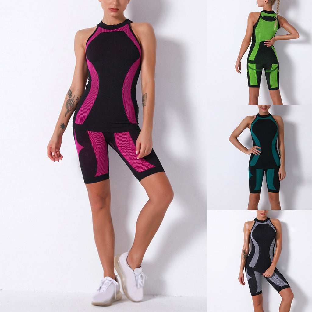 Striped Seamless Women Yoga Wear Two-piece Outdoor Sports Vest Shorts Set Workout - meheshin