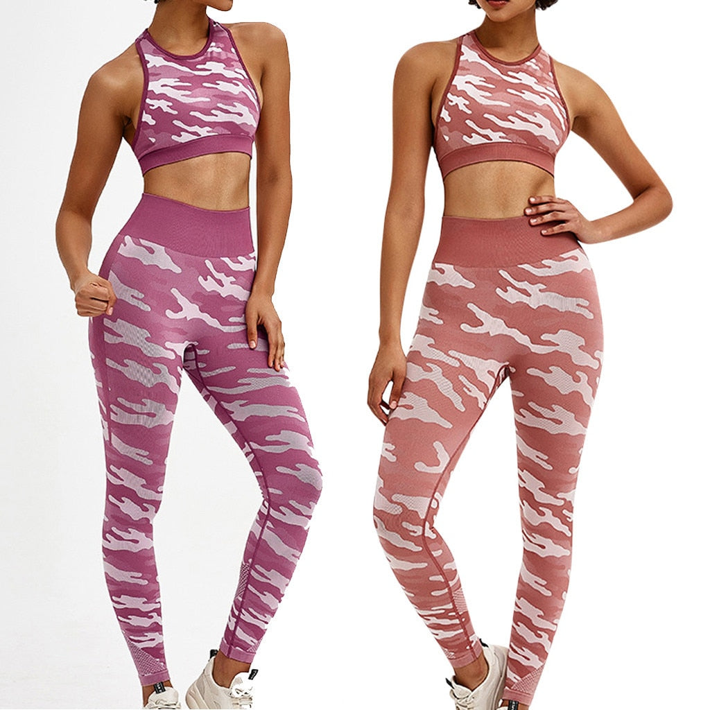 Women Camouflage Patchwork Stretchy Crop Top High Waist Sport Two-piece Outfit Home Gym Fitness Yoga Pant Set - meheshin