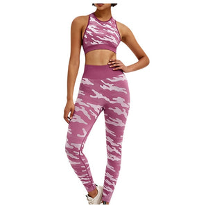 Open image in slideshow, Women Camouflage Patchwork Stretchy Crop Top High Waist Sport Two-piece Outfit Home Gym Fitness Yoga Pant Set - meheshin
