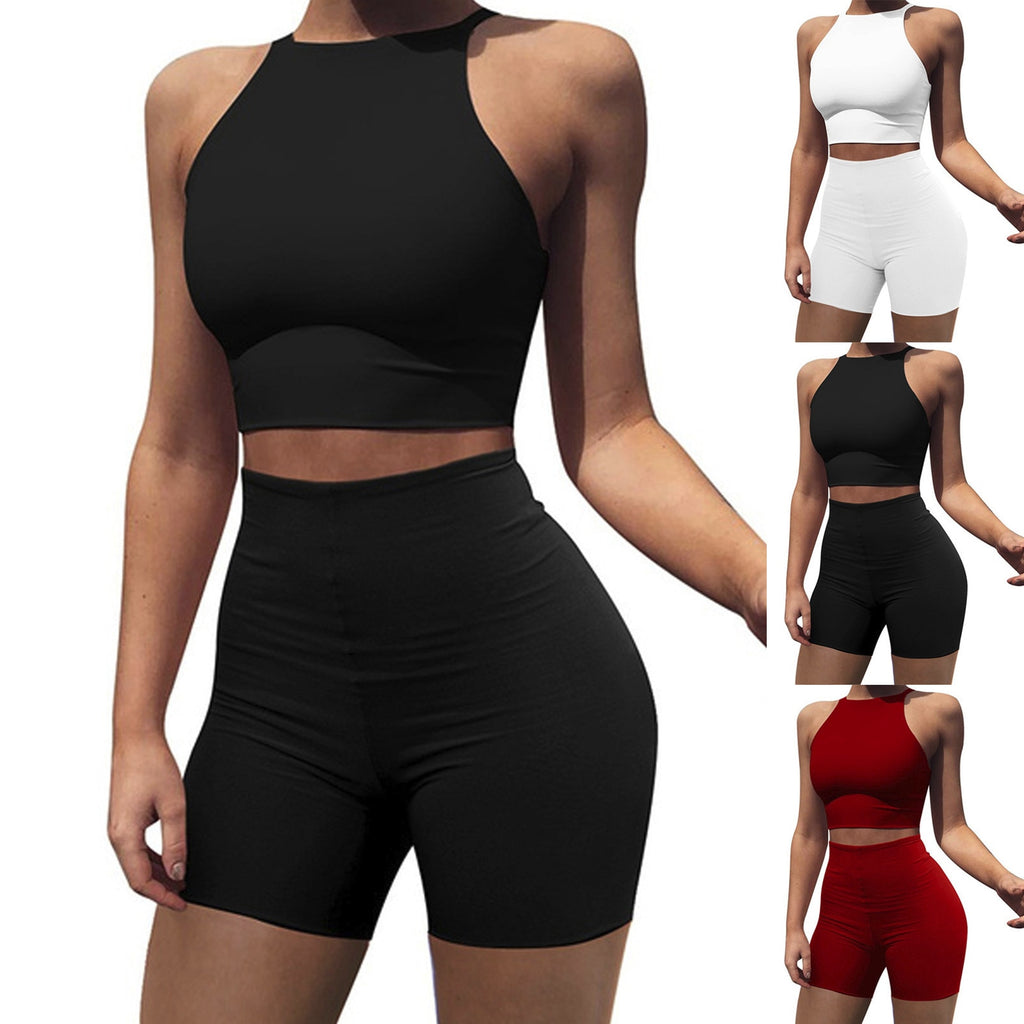 Plus Size Sports Short Sets DAIGELO Fashion Women Sexy Solid Yoga Vest Fitness Elastic Suit - meheshin