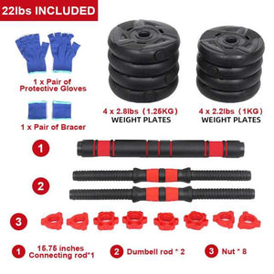 Open image in slideshow, Adjustable Dumbbell Set Weight Lifting Barbell Plates Extension Bars Workout Training Home Gym Fitness Equipment&#39;s 22lbs/33lbs - meheshin
