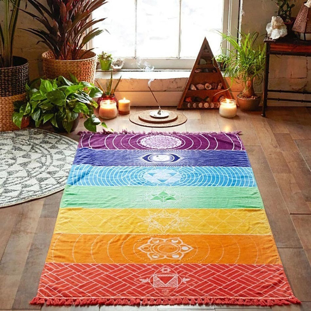 Polyester Bohemia Wall Hanging India Mandala Blanket 7 Colored Tapestry Rainbow Stripes Travel Summer Beach Yoga Mat - meheshin
